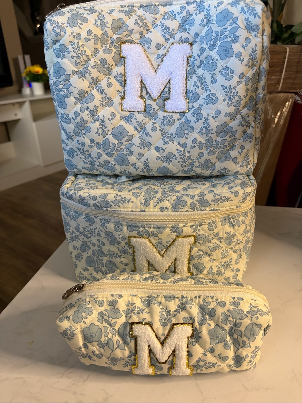 Personalized Blue Floral Cosmetic Bag Trio with 'M' Monogram
